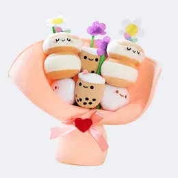 Kawaii Boba Flower Plush Toy Bouquet Bubble Tea Dolls Bevarade blommor Plushies Valentine Graduation Christmas Gifts For Girl 240429