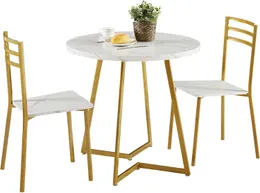 Vecelo Small Round Dining Table 세트 2 개, 강철 프레임이있는 나무 대리석 탁상, 부엌 아침 식사를위한 의자가있는 현대 식당, 흰색 및 금.
