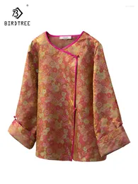 Kurtki damskie Birdtree prawdziwa jedwabna piosenka Brocad Brocade For Women Long Rleeve O Neck Jacquard Retro Chinese Cardigan 2024 Spring C43625QC