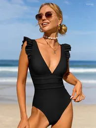 Kvinnors badkläder Peachtan Solid 2024 V Neck Bikini Black One Piece Swimsuit Women Mage Control Swimming Ruffle Beach