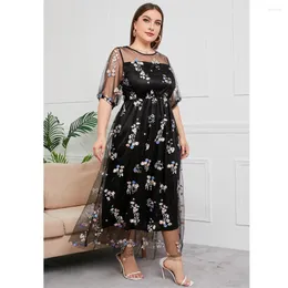 Party Dresses Mesh Floral Embroidery Abaya Muslim Fashion Long Maxi Dress Half Sleeve Holiday Beach Prom Evening Kaftan Gown Vestido 4XL