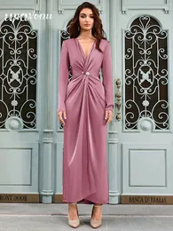 Casual Dresses 2024 Sexy Women's Satin Dress V-neck Long Sleeved Draped Bodycon Split Length Celebrity Evening Party Vestidos