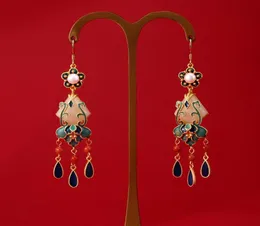 Dingle ljuskrona kinesisk stil emalj naturlig wada jade sten lång örhänge för kvinnor estetisk konst vintage nation smycken tasse8568512