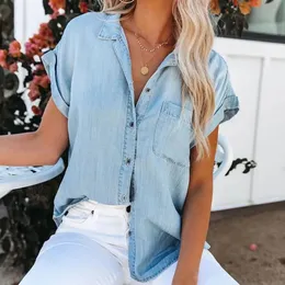 Denim Shirt For Women Solid Blouse With Pocket Summer Lapel Short Sleeve Loose Casual Cotton Blouses Female Tops 240422