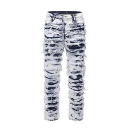 Harajuku Frayed Distressed Retro Tie Dye Jeans Pants Men and Women Straight Ripped Hole Washed Baggy Casual Denim Trousers 240420