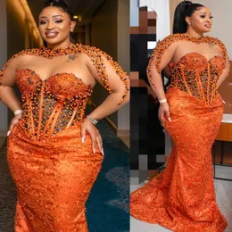 2024 ASO EBI PLUS TAMANHO ORANGE Mermaid Dress Dress Renda Festa de miçangas Festa formal Segunda recepção 50º Vestidos de noivado de aniversário Vestidos Robe de Soiree ZJ330