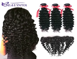 Beau Diva Deep Wave Pacotes com cabelos humanos brasileiros frontais 3 pacotes com fechamento 13x4 Lace Frontal 9a Humano Soft e Heal4702071