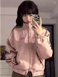 سترات نسائية للسيدات الأزياء الكورية من جلد الغزال الوردي محصول النساء الربيع Y2K Streetwear Street Stand Strey Zipper Coats College College Styp