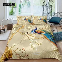 Luxury Golden Duvet Cover Peacock Comforter with Floral Bedding Set for Adults Girls Animals Botanical Bedspread 240420