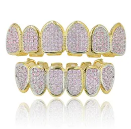 Rock Microinlaid Hip Hop Teeth Grillz Pink Zircon Fang Top Bottom Teeth Grills Set Copper Jewelry6113246