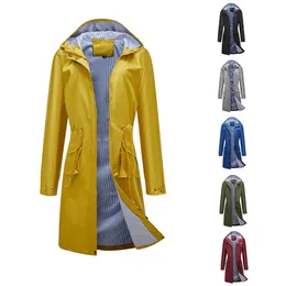 Lu Women Long Rain Coat Casual Windbreaker Women's Anti splash Hooded Solid Top Striped Lining Straight Sleeve Coats