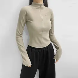 Damen T-Shirts Herbst und Winter würziges Mädchen stehend Halsboden Hemd elastische Schlanke Hälfte Reißverschluss T-Shirt Kurzes langes Ärmeln Top x881