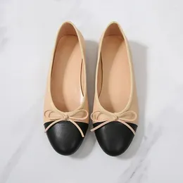 Casual Shoes Ballet Bow For Woman Basis Pumpar 2024 Fashion Two Color Splicing Work Shoe Classic Tweed Cloth Women Pump