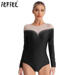 Scen Wear Womens Ballet Dance Leotard Rhinestone Långärmad gymnastik Figur Skating Performance Costume Sheer Mesh Bodysuit