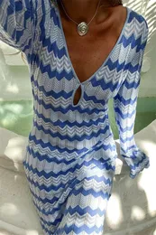 Casual Dresses Hirigin Women Knit Long Dress Sleeve V Neck Wavy Striped Print BodyCon Midi Sexig Clubwear Party Evening