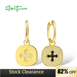 Dangle Earrings SANTUZZA Pure 925 Sterling Silver Drop For Women Black Spinel White CZ Gold Color Cross Square Fine Jewelry