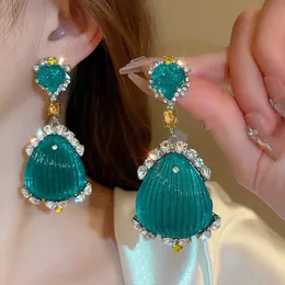 Dangle Chandelier Inlaid Rhinestone Drop Earrings European and American Exaggerated Long Design Earring for Women Green Light Luxury Jewelry