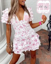 Boho inspirierte häkelnde mit florale Druck Baumwoll Mini Kleid Wrap-like Sommerkleid süße V-Ausschnitt Kurzarm Party Kleid Frauen 240416