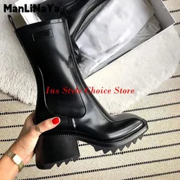 Boots Brand Runway Women Ankle PVC Rain Mid Chunky Heel Height Short Square Toe Thick Sole Motorcycle For Ladies