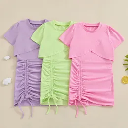 의류 세트 포커니그 1-5y 패션 어린 소녀 여름 옷 2pcs 단단한 짧은 슬리브 티셔츠 드로우 스트링 루치 슬리빙 드레스