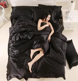 100の良質サテンシルクの寝具セットフラットソリッドカラークイーンキングサイズ4pcs羽毛布団カバーフラットシートピローケースツインサイズ1871497