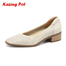 Dress Shoes Krazing Pot Sheep Skin Summer Med Heels Square Toe European Design Women Dating Hollow Decorations Daily Wear Ins Shallow Pumps