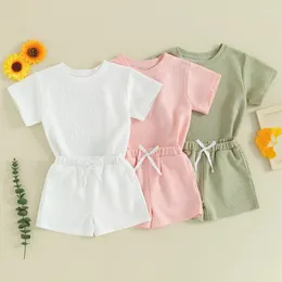 Наборы одежды 1-6 лет Детские девочки для девочек летние наряды с твердым цветом футболки с коротким рукавом и упругие шорты для талии младенца 2pcs набор одежды