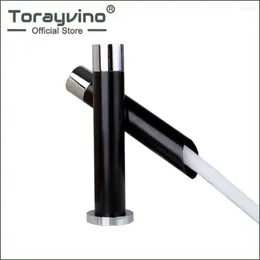 욕실 싱크 수도꼭지 Torayvino 수도꼭지 고급 크롬 검은 색 싱글 핸들 용기 용 세면대 장착 Torneira Washbasin Mixer Water Tap