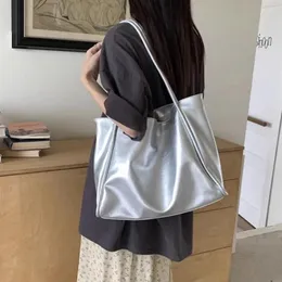 Totes Xiuya Silver Fashion Womens Tote Bag Leather Summer Solid Color Casual Vintage Shoulder Exquisite Harajuku Female Handbag