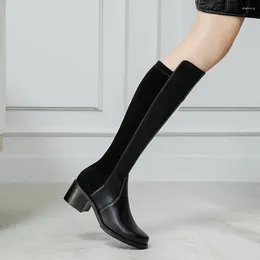 Boots Flock Stitching Microfiber Selling Women's Knee-Length Thick Heel Round Toe Plush Inner Lining Winter Long
