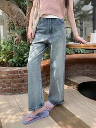 Women's Jeans Benuynffy Diamond High Waist Washed Korean Casual Streetwear Do Old Blue Retro Straight Wide-leg Pants 2024