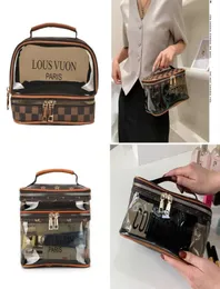 2022 Vintage Retro Transparent Clear Cosmetic Bag Plaid Doppel Reißverschluss Handtasche Geldbörsen Wasch -Make -up -Taschen große Kapazität PVC Travel ST5449327