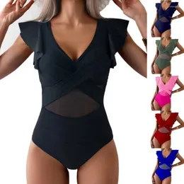 Kvinnors badkläder 2024 Ruffle Two Piece Hollow Out V-Neck Sexig Bikini Set Solid Color High midje Push Up Fishion Swimsuit.