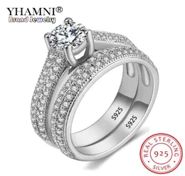 Yhamni com certificado Luxo original 925 Silver Wedding Ring Conjunto tem S925 LOGO DAZZLE Zirconia Diamond Band Rings for Women 2P5110410