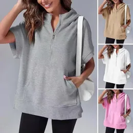 Kvinnors hoodies 1pc mjuka kvinnor Halva zip pullover stilfull sommar blixtlås hoodie korta ärmar fickkläder skola för kvinnor