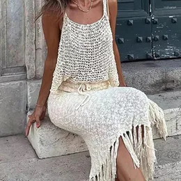 Work Dresses Two Piece Sets Knitted Camisole Blouse Tassel Skirts Women Sexy See Through Summer Mesh Beach Dress Suits Hollow Out Sling Tops
