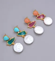 GuaiGuai Jewelry Pink Aventurine Blue Turquoise White Coin Freshwater Pearl Red Green Crystal Dangle Stud Earrings For Women Real 6951212