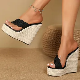 Eilyeken Summer Street Style Cane Woven Platform Wedge Slippers Womens Fashion High Heels Womens Zapatos Tryckta skor 240425