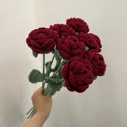 Decorative Flowers 1PC Wine Red Simulation Flower Home Decoration Dining Table Knitted Rose Single Bouquet Wedding Party Artificial