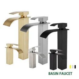 Waschbecken Wasserhähne gebürstet goldener Badezimmer Wasserhahn Wasserfall Badezimmer Wasserhahn für Schiffsspüle Ein Griff Badezimmer Eitelkeitshahn Wasserhahn