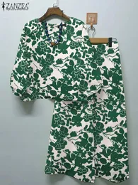 Zanzea yaz gündelik baskılı takım elbise moda tatil eşleştirme setleri 34 kollu oneck bluz kadın gevşek pantolon 2pcs büyük boy 240430