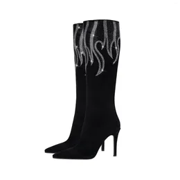 Stivali in ginocchio con tacchi alti sottili con tacchi alti mixi Donne Scarpe decorazioni fiamma botas Mujer Rhinestone Stiletto