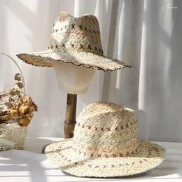 Wide Brim Hats Handmade Straw Hat Elegant Colorful Decorated Sun For Women Party Summer Beach Lady Knitted