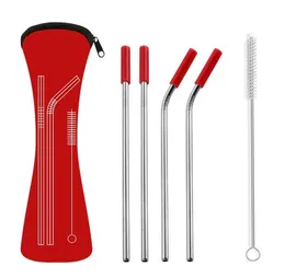 6Pcsset Reusable Stainless Steel Straight Bent Drinking Straws with Silicone Tips for Cold Beverage Drink Bar Tools6327084