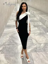 Lässige Kleider Ailigou Frauen sexy ein Schulter ärmellose Kleid mit zwei Farben Big Bow Midi Bandage Elegante Promi -Party