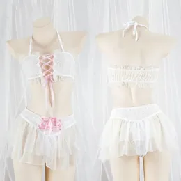 Costumi da bagno femminile primavera lolita in pizzo chiffon traslucido bikini ultra corto abiti da pigiama uniforme da cameriera set di lingerie set cosplay