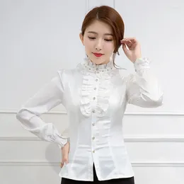 Women's Blouses High Quality Ruffles Elegant Lace Blouse Woman Frill Stand Collar Button Chiffon OL Office Shirt Long Flare Sleeve Fashion