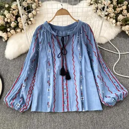 Women's Blouses AYUALIN Vintage Cotton Linen Floral Embroidery Blouse Summer Boho Beach Shirt Casual Long Sleeve Loose Shirts Women Tops