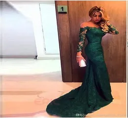 2019 New Sexy Emerald Green Long Sleeves Lace Mermaid Evening Dresses Illusion Mesh Top Long Prom Gowns Cheap Floor Length Party D4033948