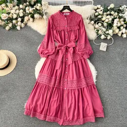 Abiti casual French Chic Spring Long Dress Women Women O-Neck Lantern Sleeve Lace-Up Lace Patchwork Crochet Cavo Out Vestidos Dropship